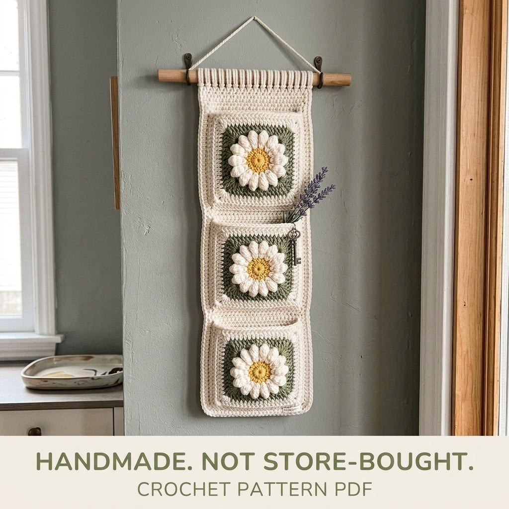Daisy Granny Pocket Wall Hanging Crochet Pattern PDF – Entryway Organizer