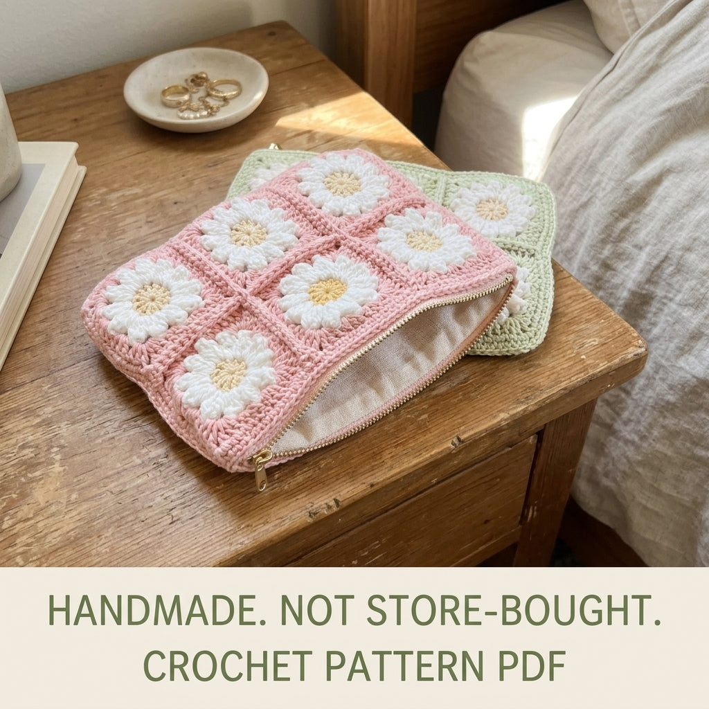 Daisy Granny Zip Pouch Crochet Pattern PDF – Lined Makeup Bag