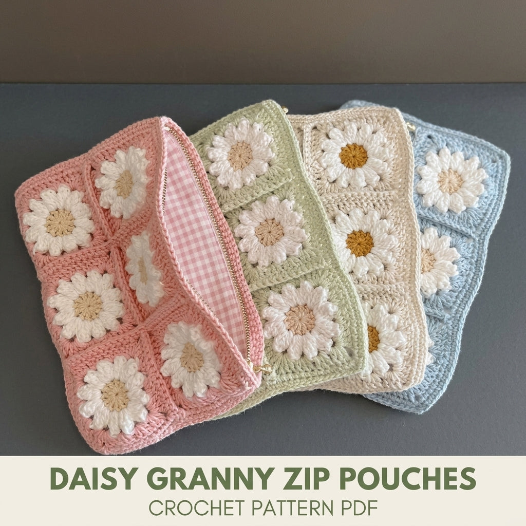 Daisy Granny Zip Pouch Crochet Pattern PDF – Lined Makeup Bag