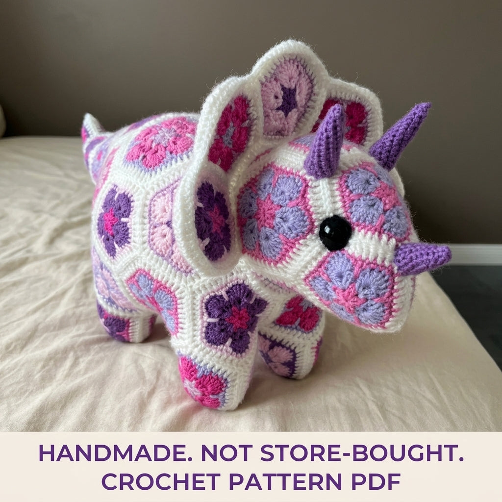 African Flower Triceratops Crochet Pattern PDF – Hexagon Amigurumi Dinosaur