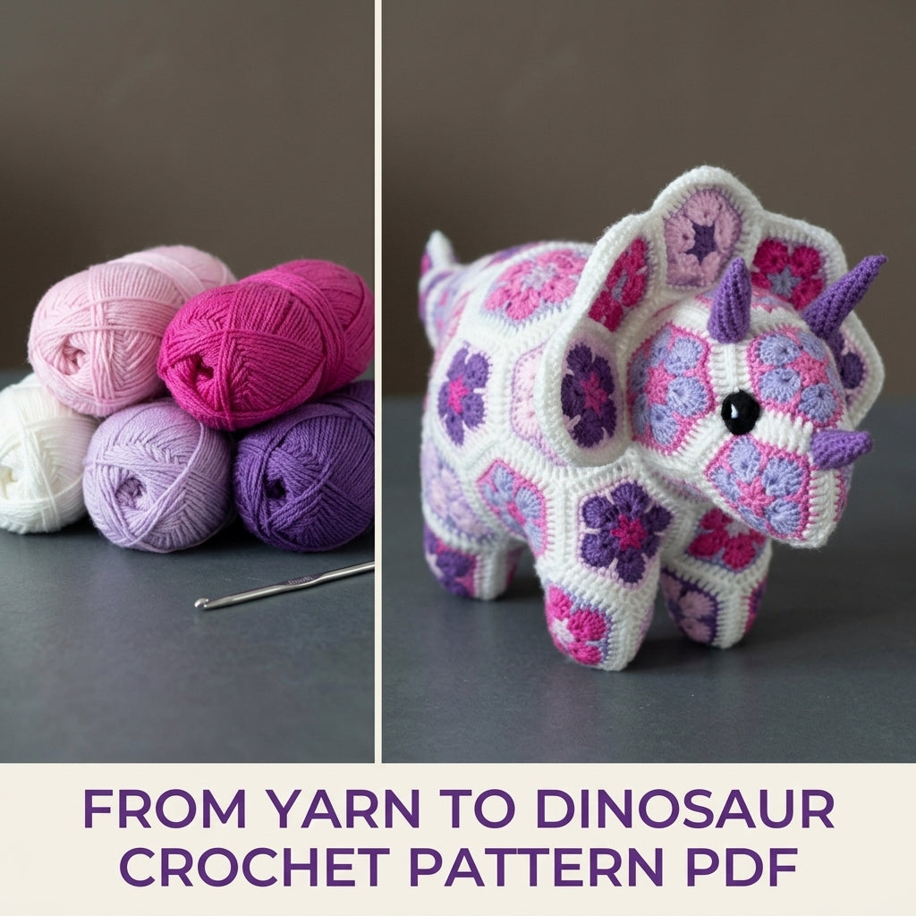 African Flower Triceratops Crochet Pattern PDF – Hexagon Amigurumi Dinosaur