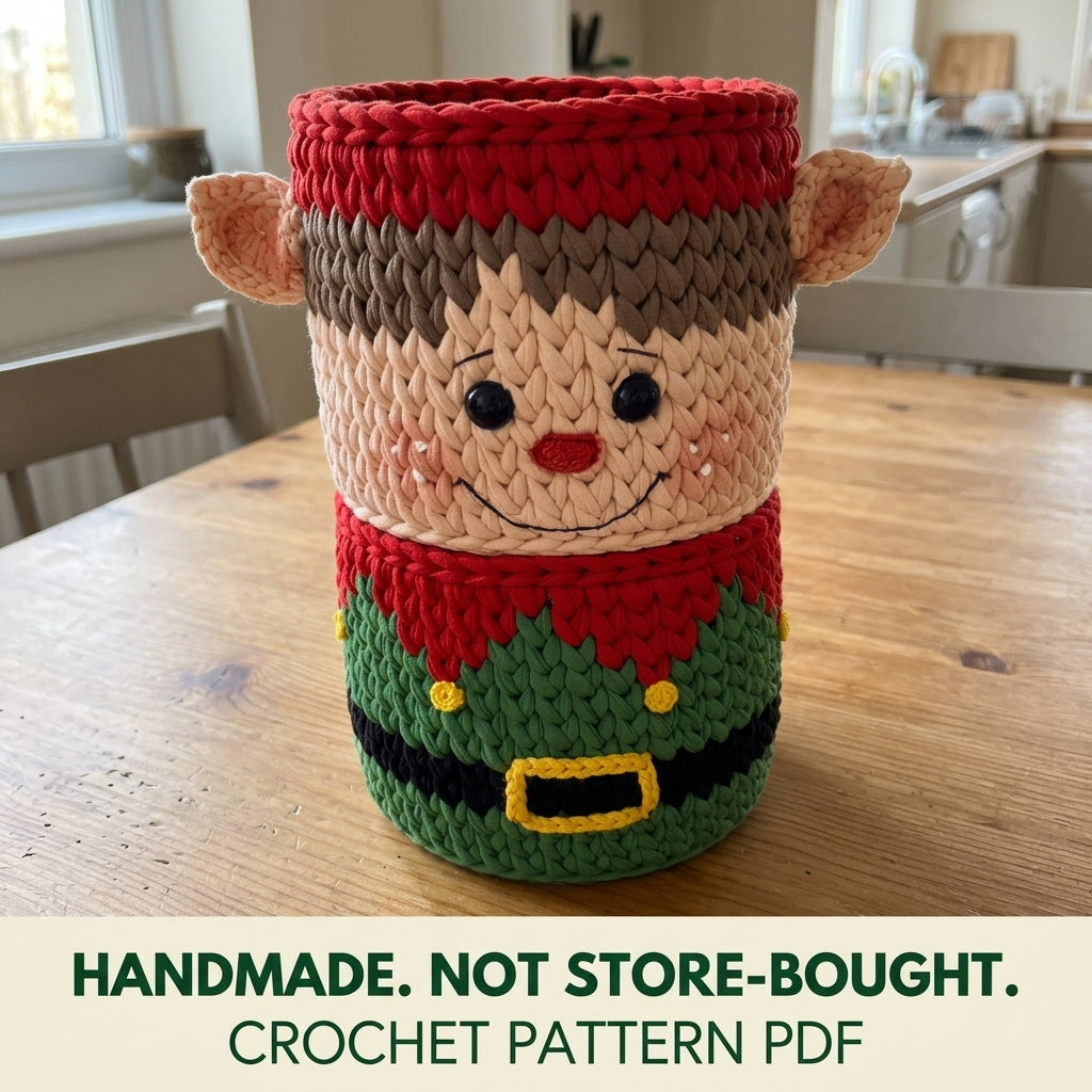 Elf Storage Basket Crochet Pattern PDF – Christmas T-Shirt Yarn Basket
