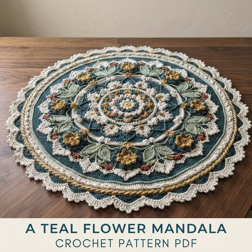 Teal Flower Mandala Table Topper Crochet Pattern PDF – Round Tablecloth