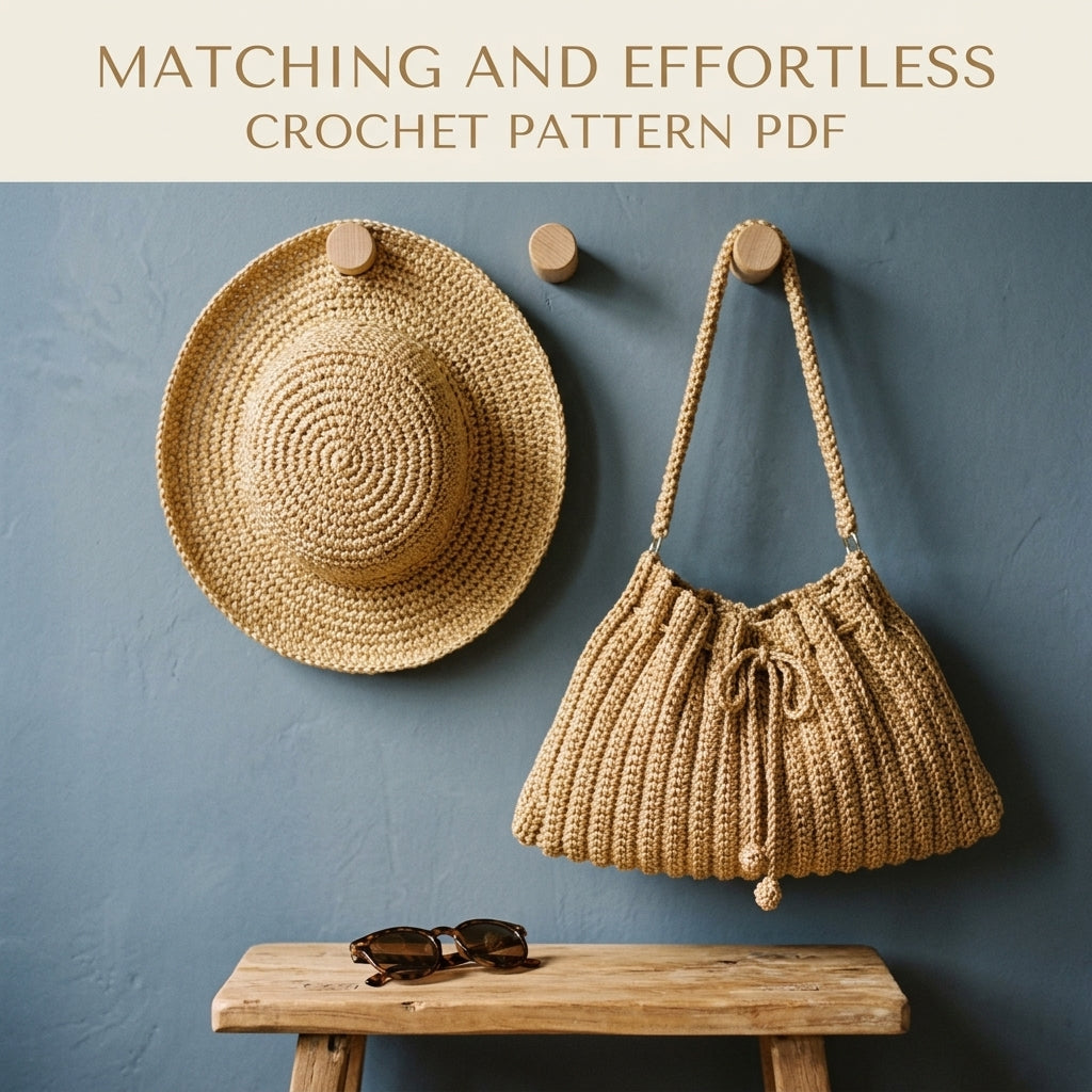 Golden Ribbed Drawstring Bag and Sun Hat Crochet Pattern PDF – Matching Summer Set
