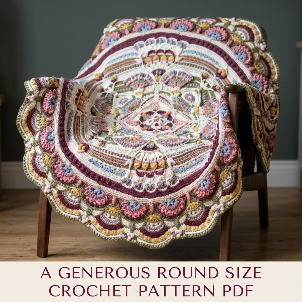 Plum Fan Mandala Blanket Crochet Pattern PDF – Large Round Textured Mandala