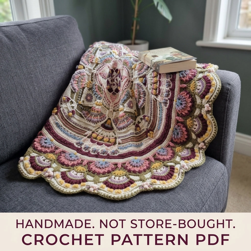 Plum Fan Mandala Blanket Crochet Pattern PDF – Large Round Textured Mandala