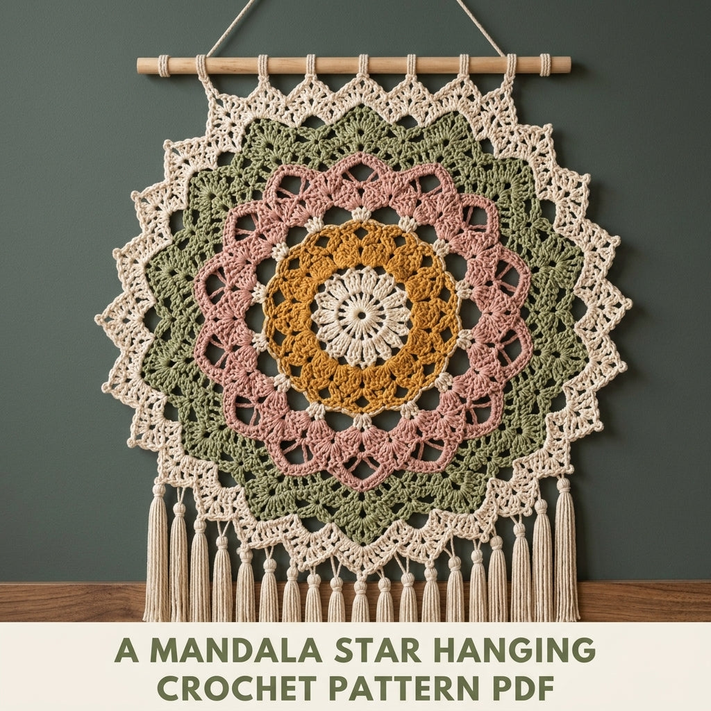 Mandala Star Wall Hanging Crochet Pattern PDF – Boho Wall Decor with Tassels