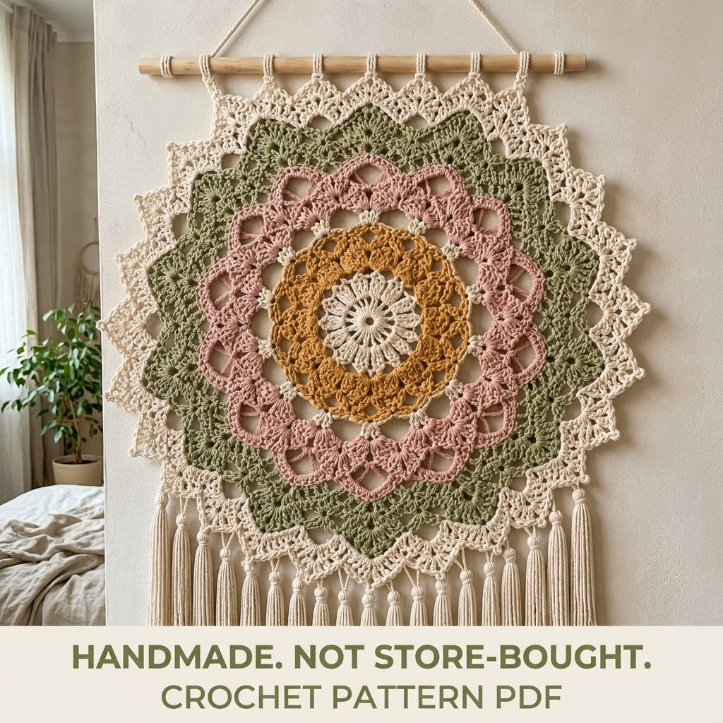 Mandala Star Wall Hanging Crochet Pattern PDF – Boho Wall Decor with Tassels
