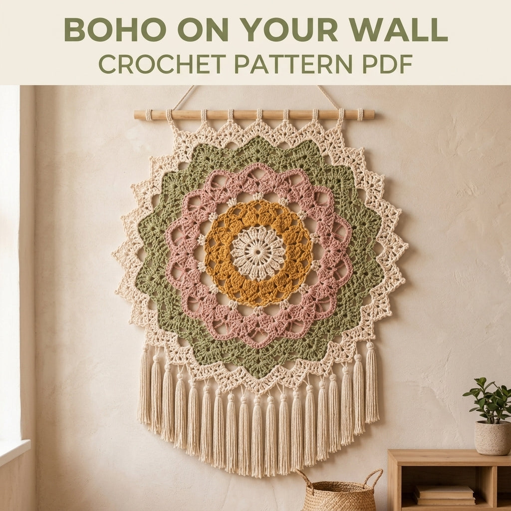 Mandala Star Wall Hanging Crochet Pattern PDF – Boho Wall Decor with Tassels