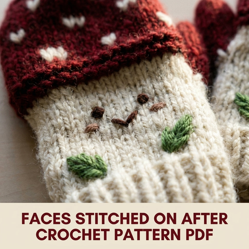 Mushroom Mittens Crochet Pattern PDF – Kids Toadstool Mittens with Faces
