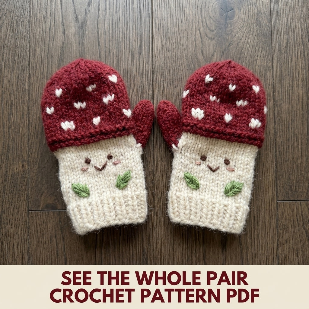 Mushroom Mittens Crochet Pattern PDF – Kids Toadstool Mittens with Faces
