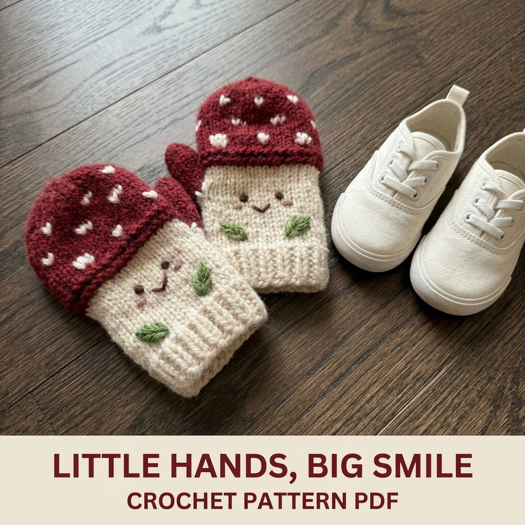 Mushroom Mittens Crochet Pattern PDF – Kids Toadstool Mittens with Faces