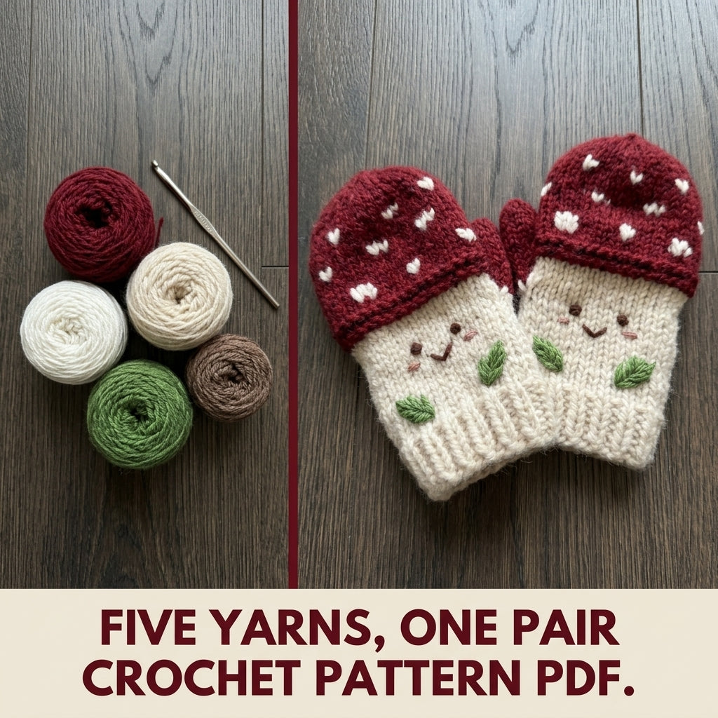 Mushroom Mittens Crochet Pattern PDF – Kids Toadstool Mittens with Faces