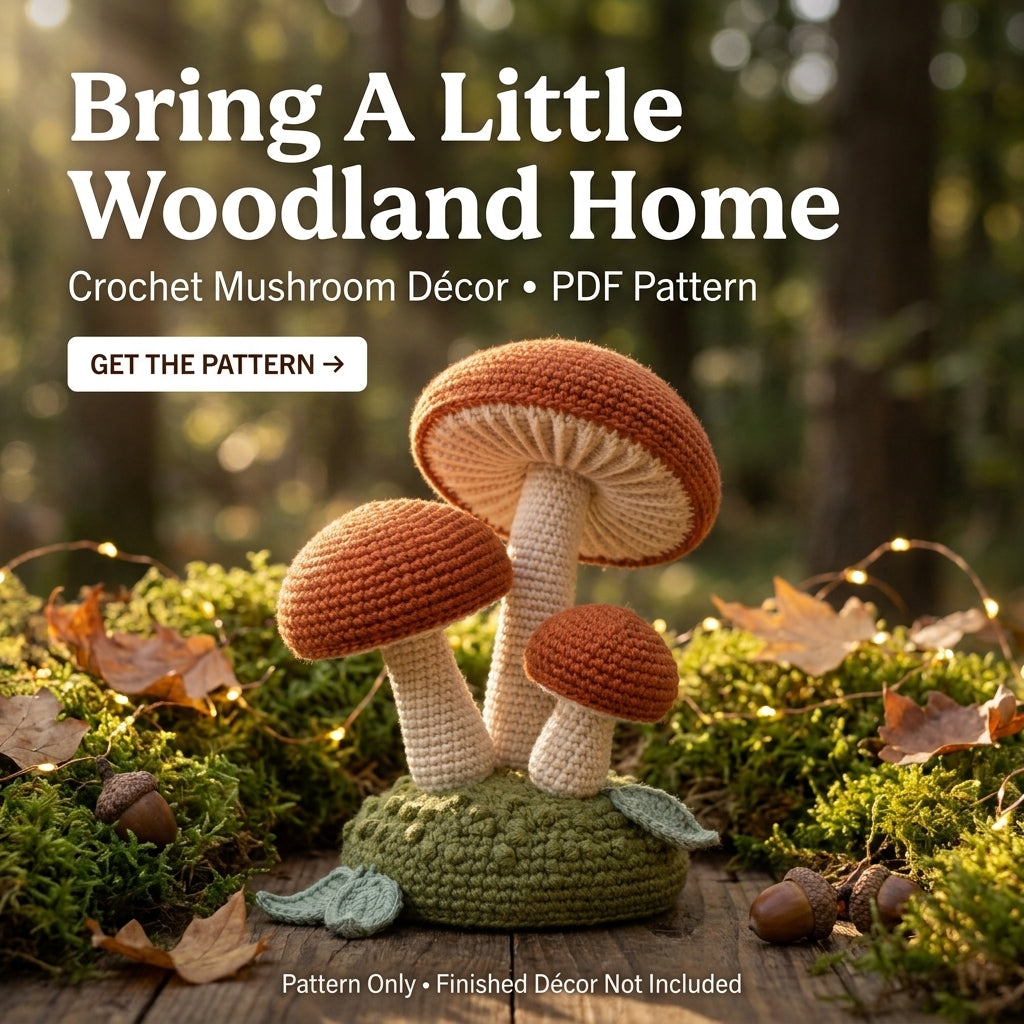 Crochet Mushroom Pattern – Mushroom Cluster on a Moss Base, Cottagecore Décor
