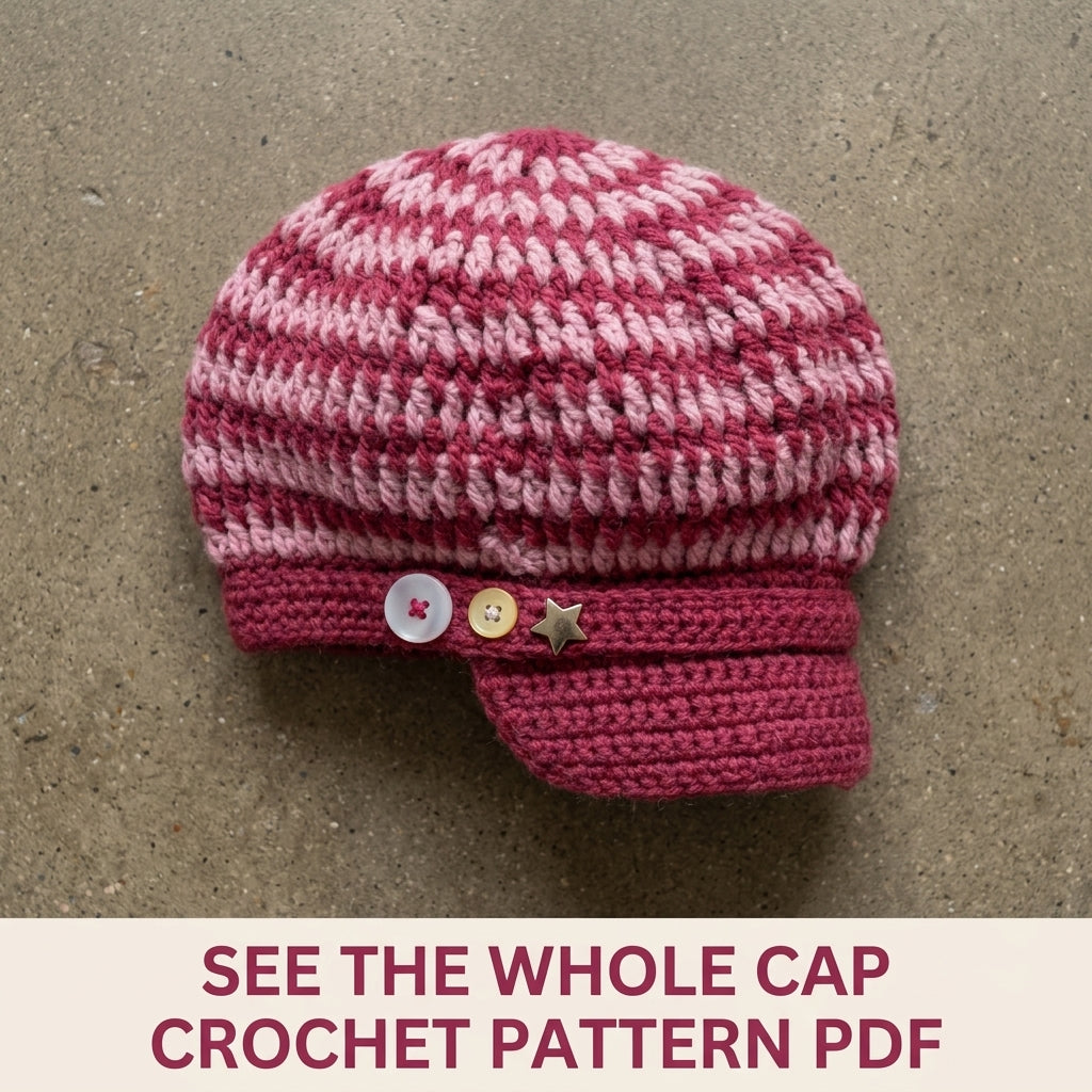 Raspberry Two-Tone Newsboy Cap Crochet Pattern PDF – Slouchy Brimmed Hat with Button Strap
