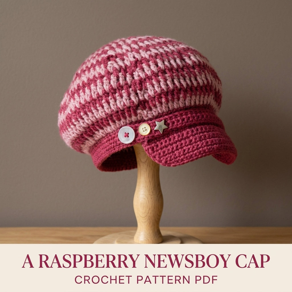 Raspberry Two-Tone Newsboy Cap Crochet Pattern PDF – Slouchy Brimmed Hat with Button Strap