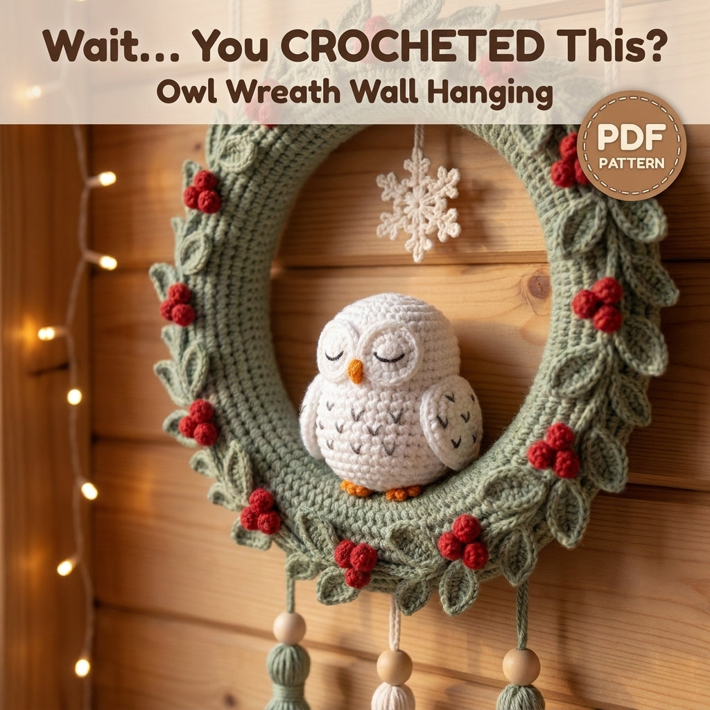 Crochet Wreath Wall Hanging Pattern – Sleeping Snowy Owl with Holly Berries