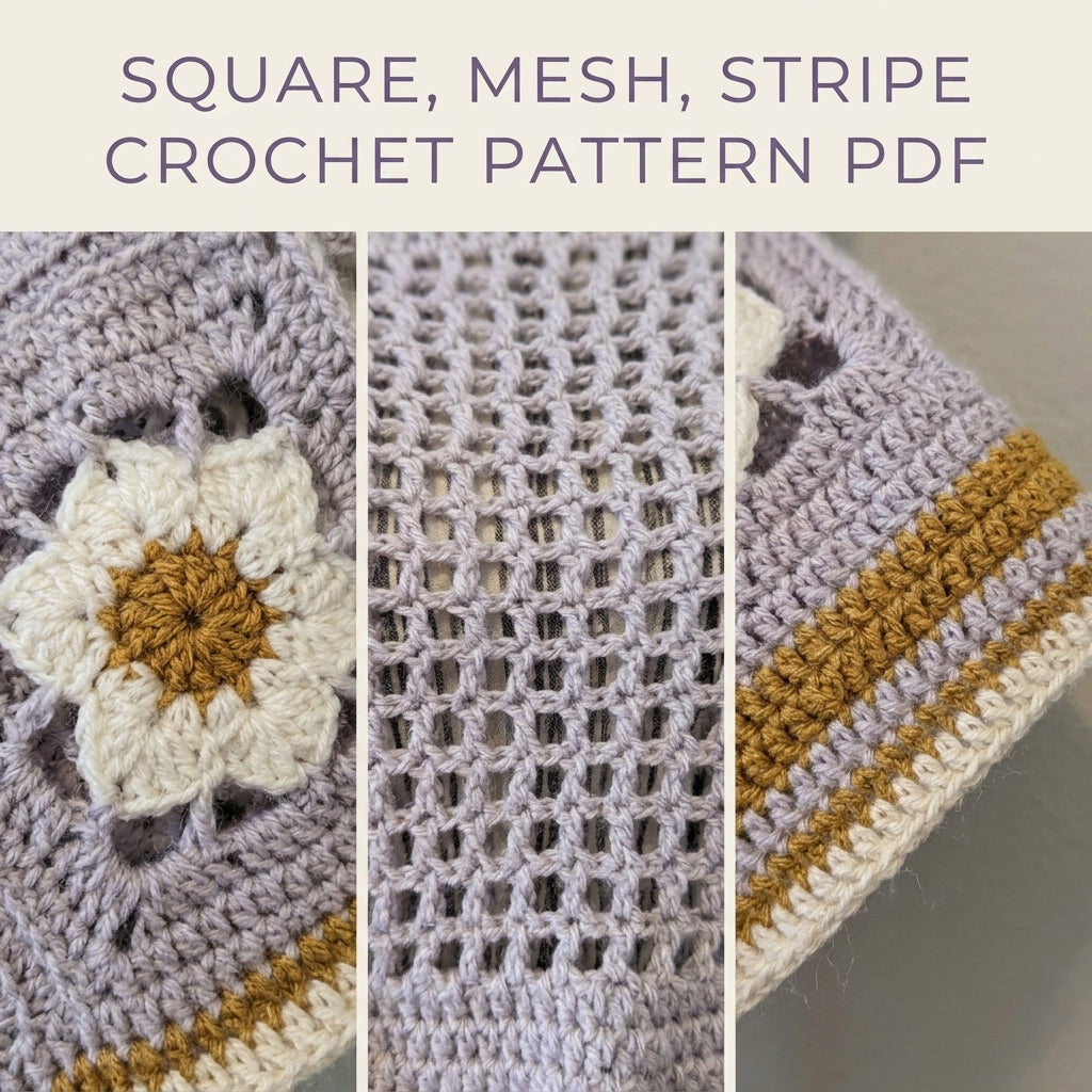 Bell Sleeve Top Crochet Pattern PDF – Lilac Mesh Crop Top with Daisy Squares