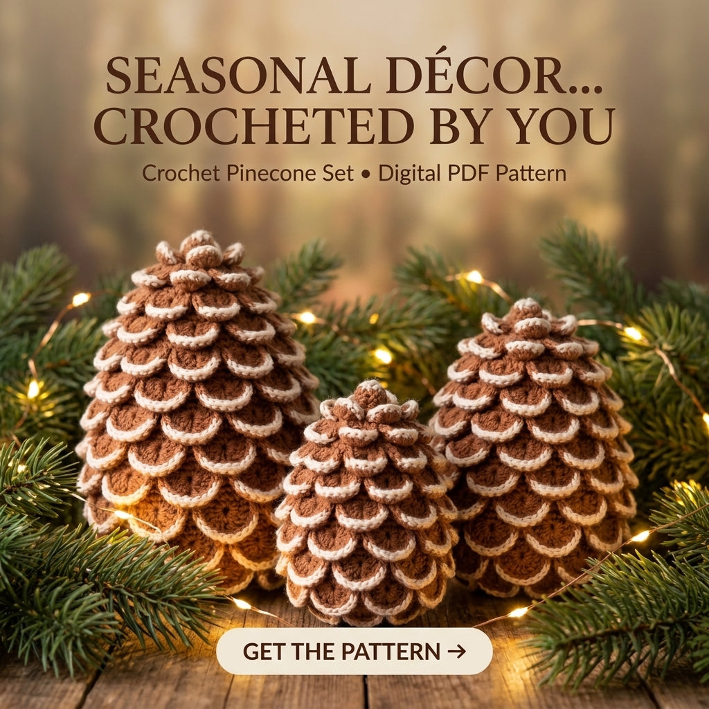 Crochet Pine Cone Pattern – 3 Sizes, Snow-Tipped Scales, Fall to Christmas Décor
