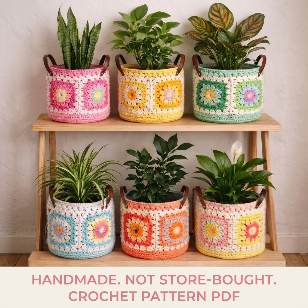 Granny Square Plant Basket Crochet Pattern PDF – Pot Cover with Handles