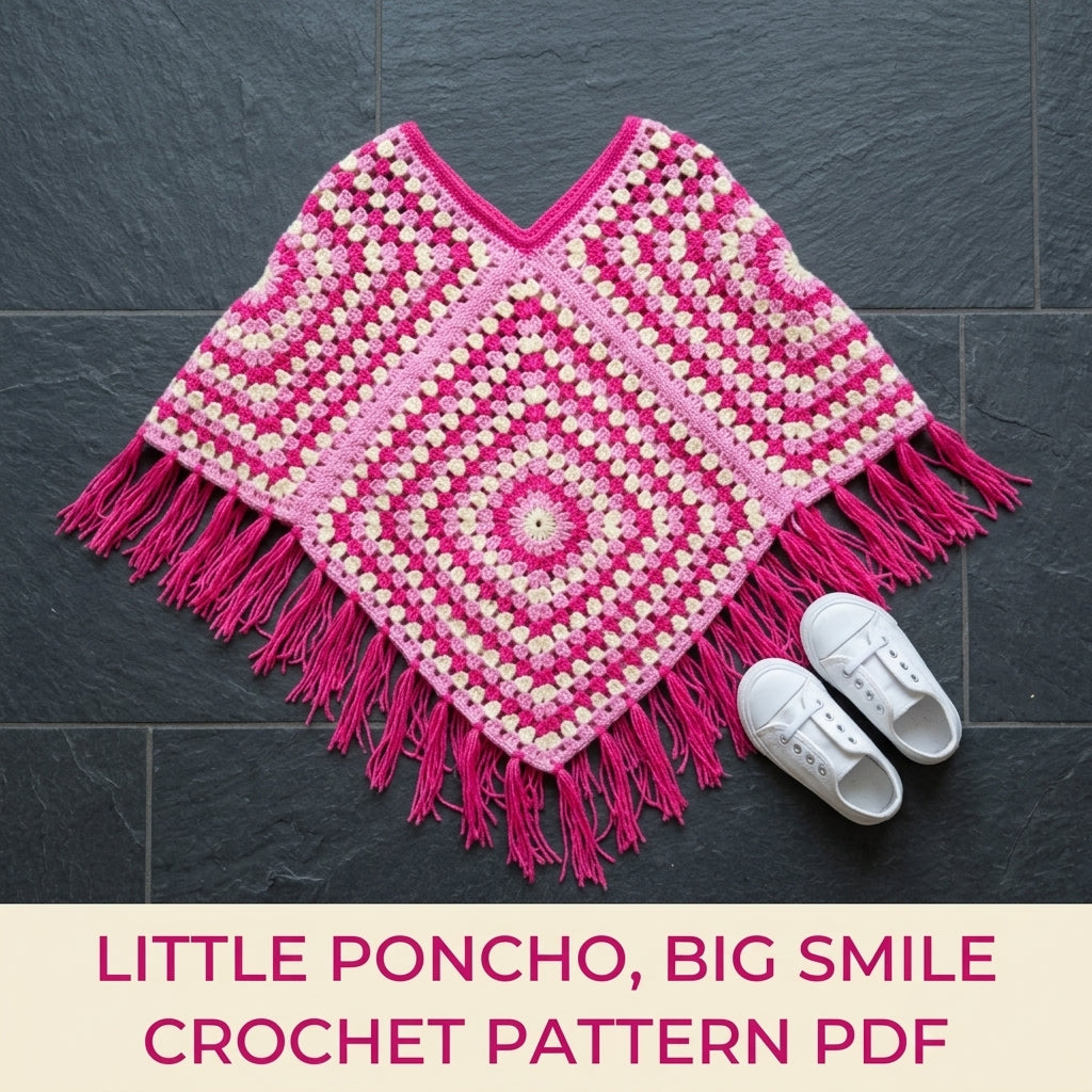 Pink Granny Kids Poncho Crochet Pattern PDF – Easy Two Square Poncho with Fringe