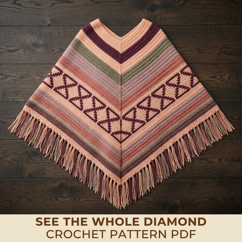 Hourglass Rose Poncho Crochet Pattern PDF – Boho Fringe Poncho with Colourwork Band