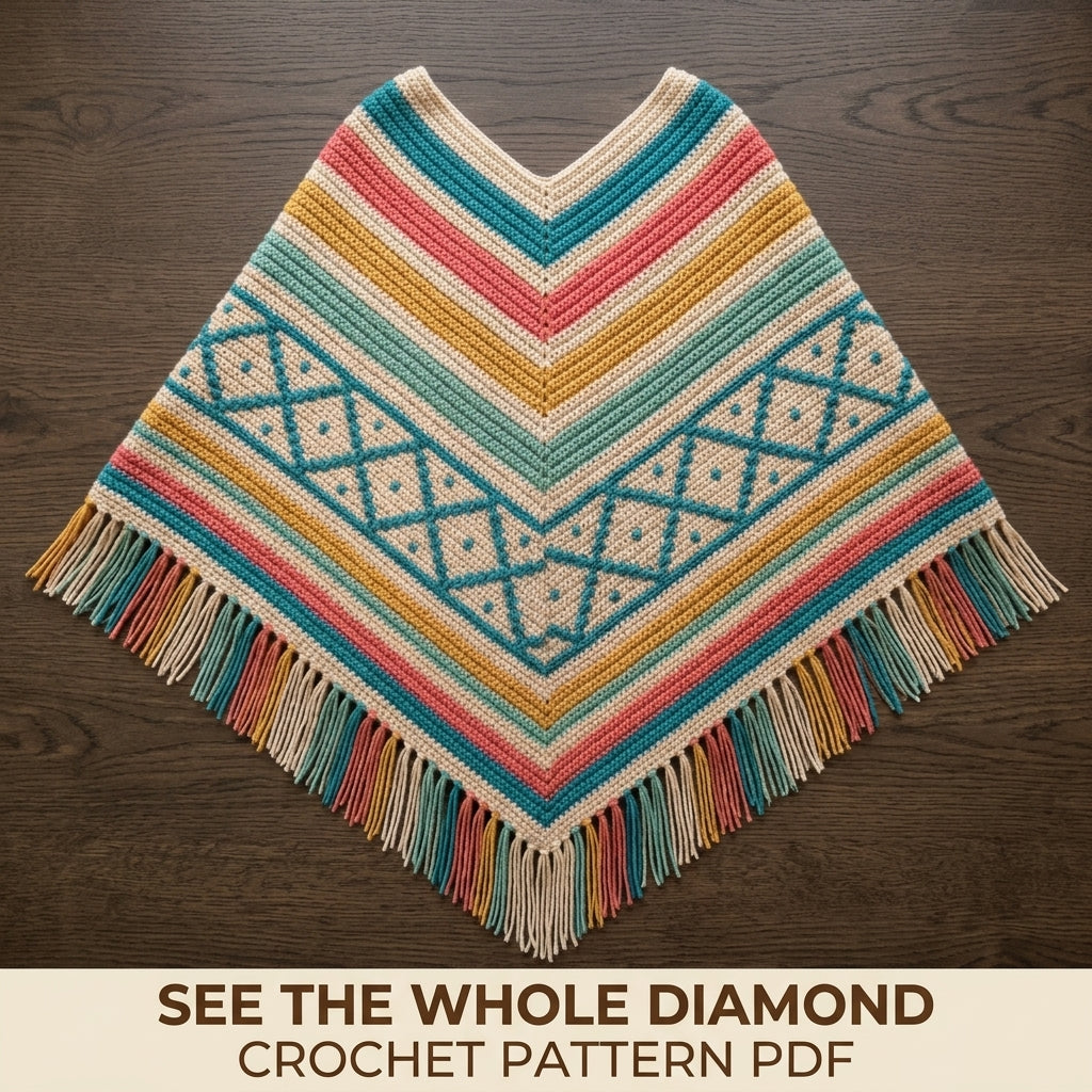 Coastal Lattice Poncho Crochet Pattern PDF – Boho Fringe Poncho with Mosaic Colourwork Band