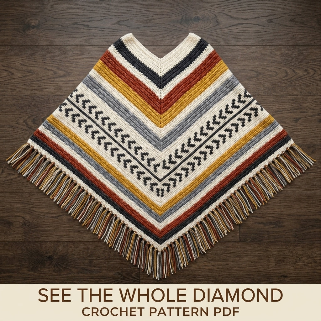 Arrow Stripe Poncho Crochet Pattern PDF – Boho Fringe Poncho with Colourwork Band