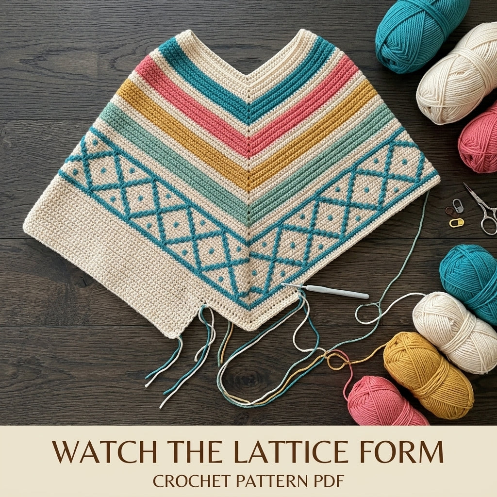 Coastal Lattice Poncho Crochet Pattern PDF – Boho Fringe Poncho with Mosaic Colourwork Band