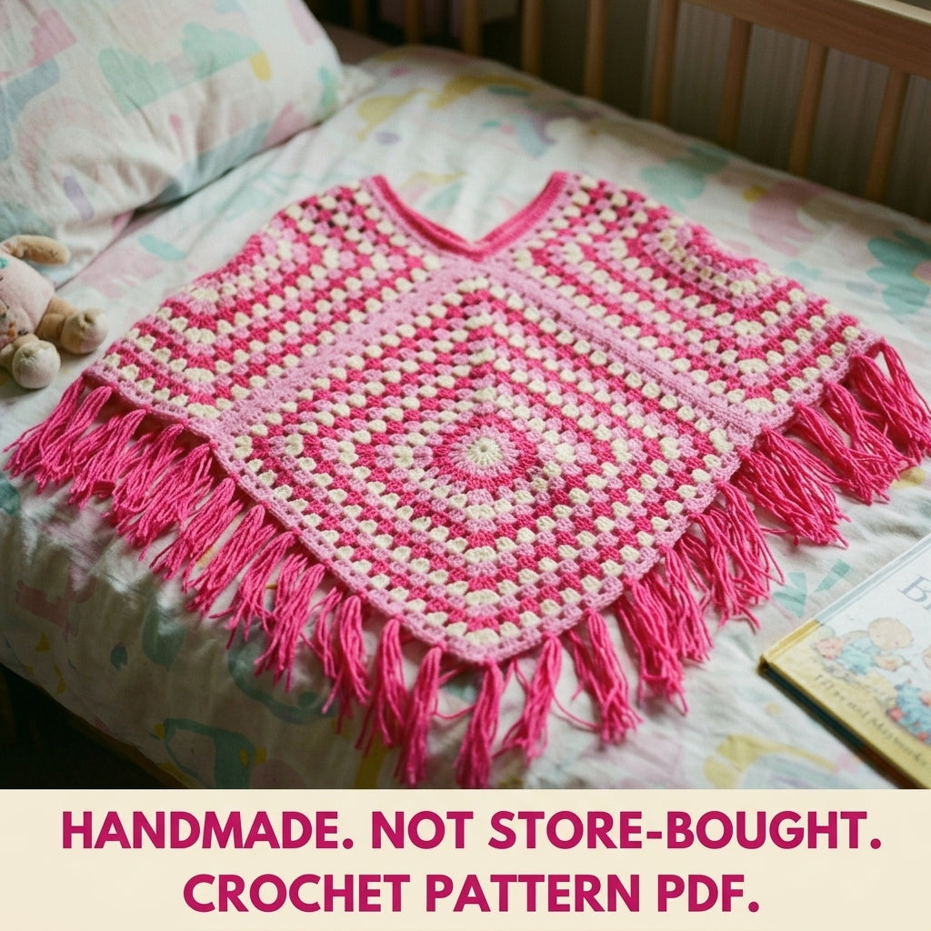 Pink Granny Kids Poncho Crochet Pattern PDF – Easy Two Square Poncho with Fringe