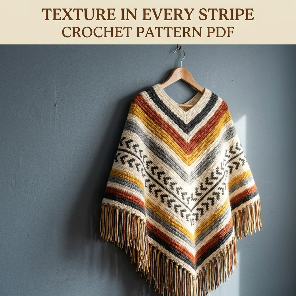 Arrow Stripe Poncho Crochet Pattern PDF – Boho Fringe Poncho with Colourwork Band
