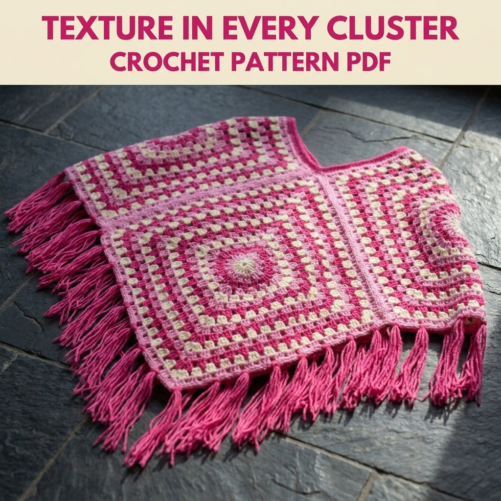Pink Granny Kids Poncho Crochet Pattern PDF – Easy Two Square Poncho with Fringe