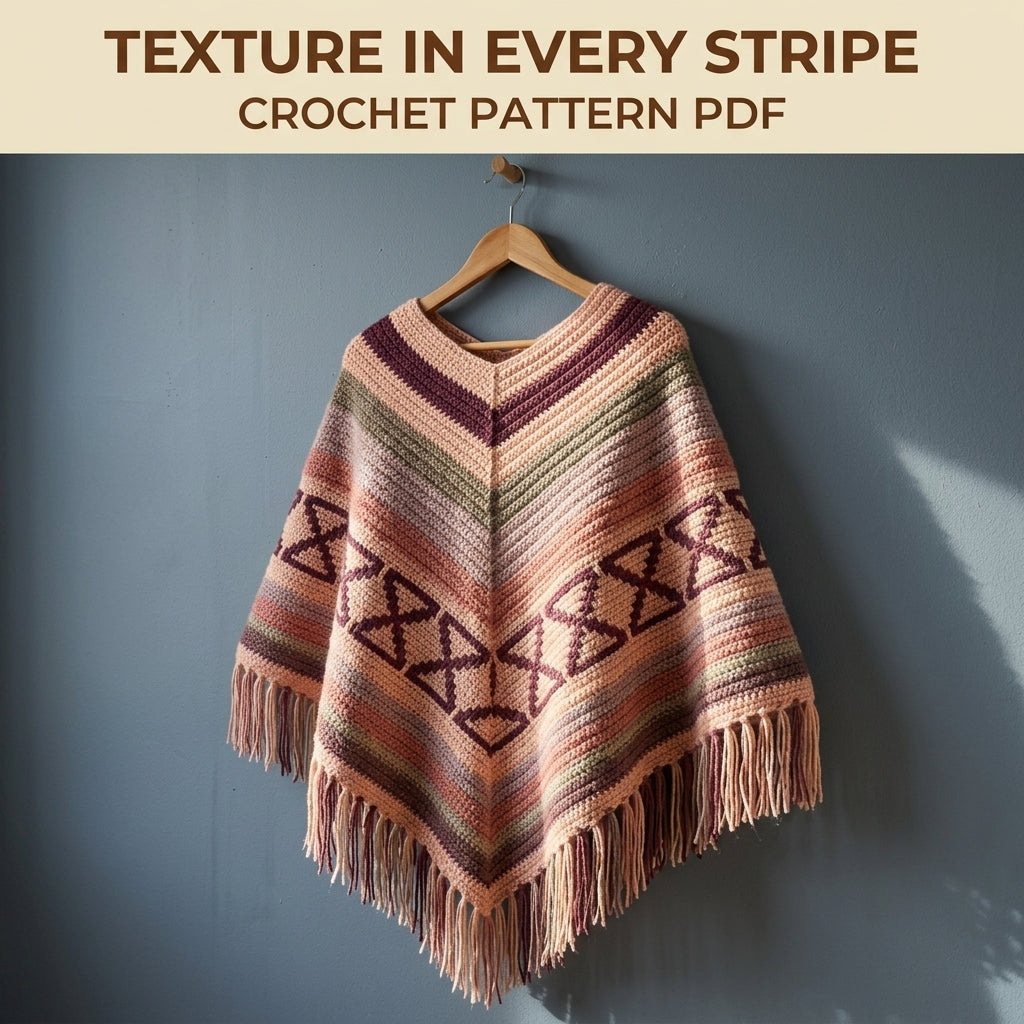 Hourglass Rose Poncho Crochet Pattern PDF – Boho Fringe Poncho with Colourwork Band