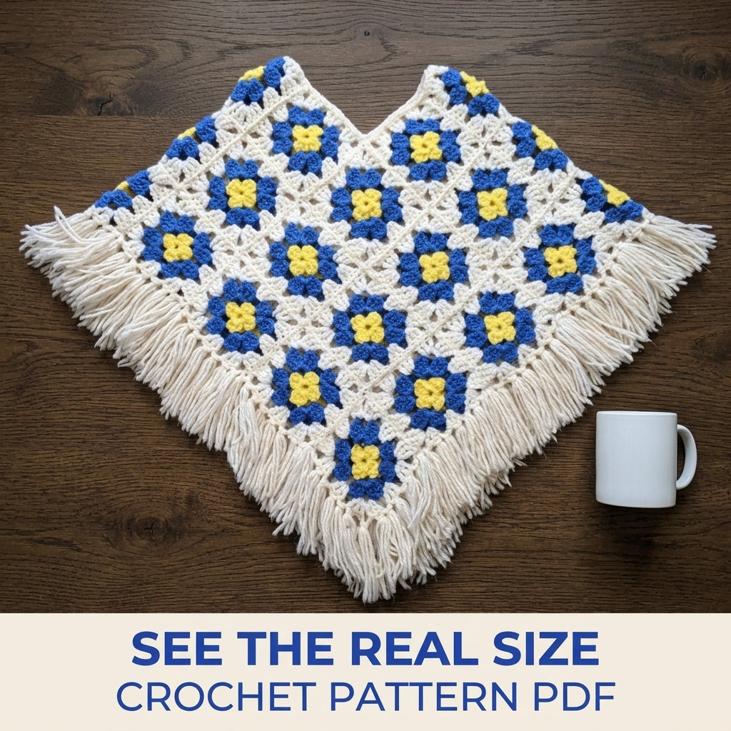 Blue and Yellow Granny Crochet Pattern PDF – Retro Flower Motif Poncho with Fringe