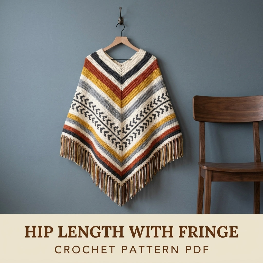 Arrow Stripe Poncho Crochet Pattern PDF – Boho Fringe Poncho with Colourwork Band