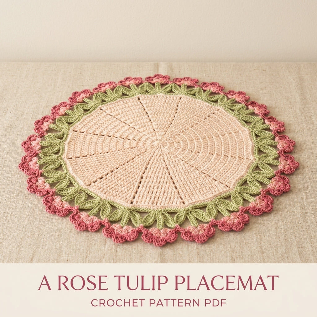 Rose Tulip Edge Placemat Crochet Pattern PDF – Round Table Mat with Flower Edge