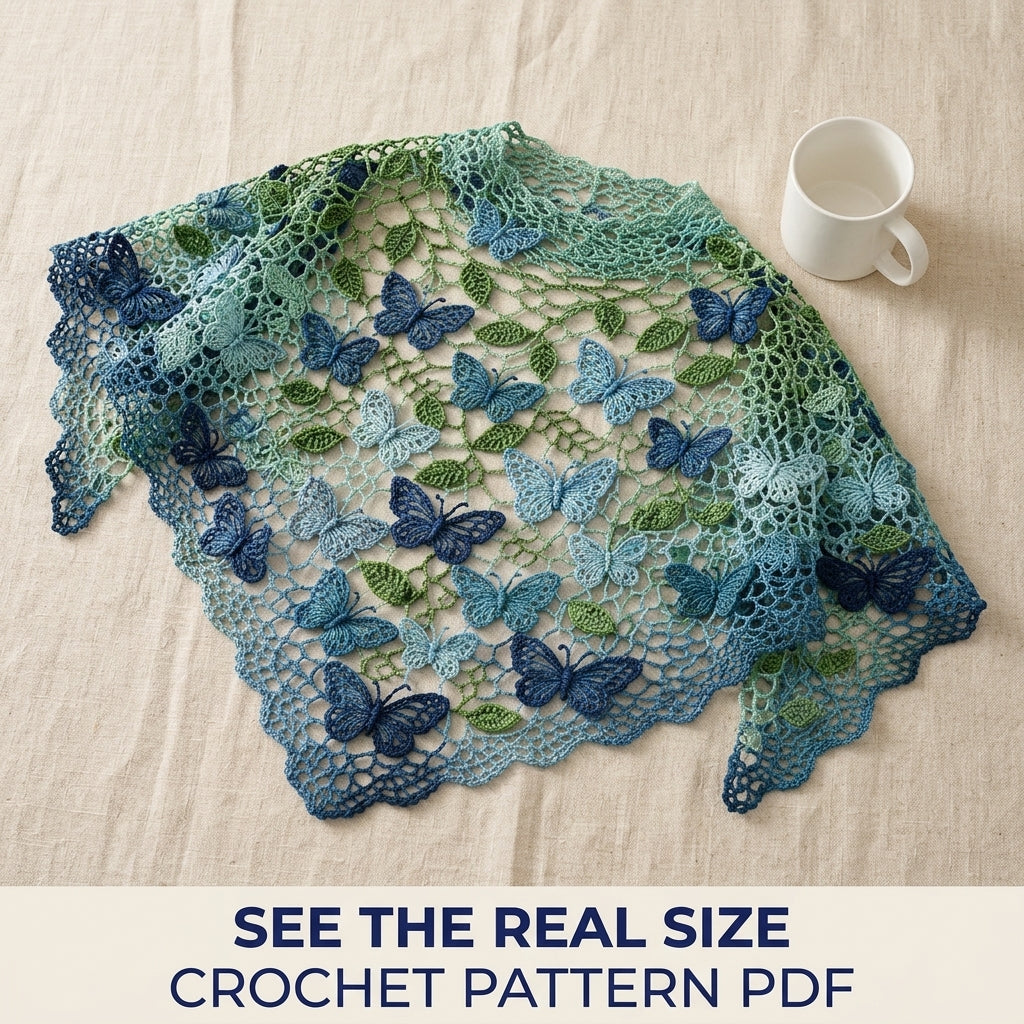 Butterfly Shawl Crochet Pattern PDF – Lace Net Shawl with Butterflies and Leaves