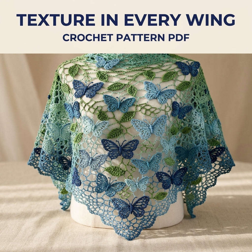 Butterfly Shawl Crochet Pattern PDF – Lace Net Shawl with Butterflies and Leaves