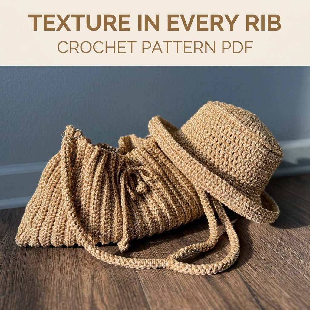 Golden Ribbed Drawstring Bag and Sun Hat Crochet Pattern PDF – Matching Summer Set