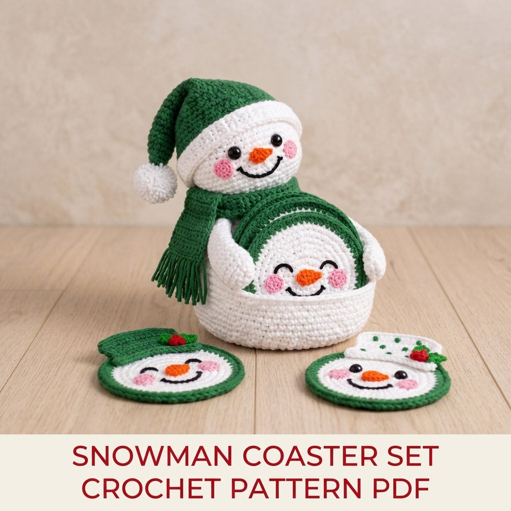Green Snowman Coaster Set Crochet Pattern PDF – Snowman Coasters with Holder