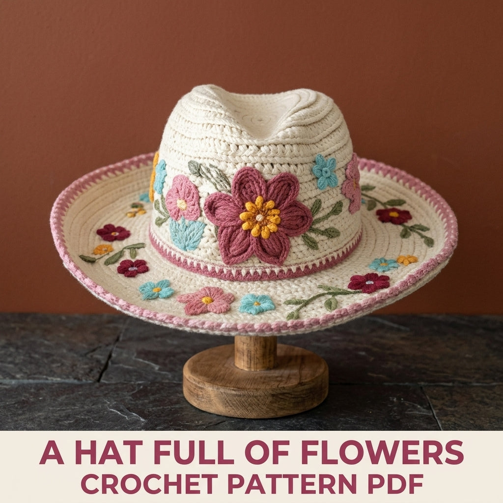 Embroidered Flower Sun Hat Crochet Pattern PDF – Wide Brim Hat with Embroidered Flowers