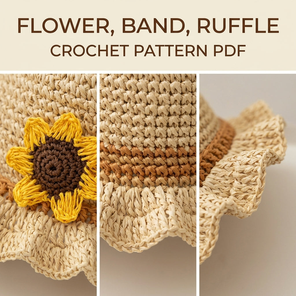 Sunflower Ruffle Sun Hat Crochet Pattern PDF – Kids Raffia Summer Hat with Flowers