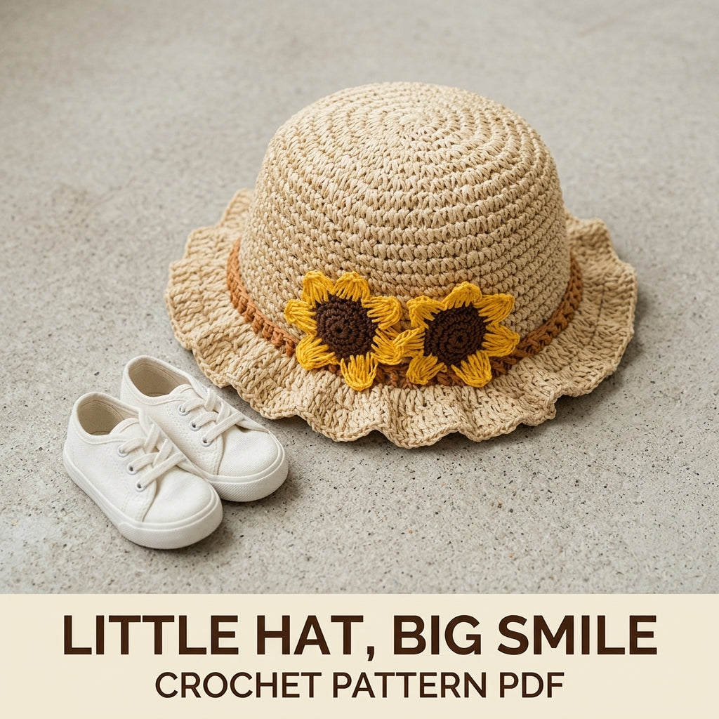 Sunflower Ruffle Sun Hat Crochet Pattern PDF – Kids Raffia Summer Hat with Flowers