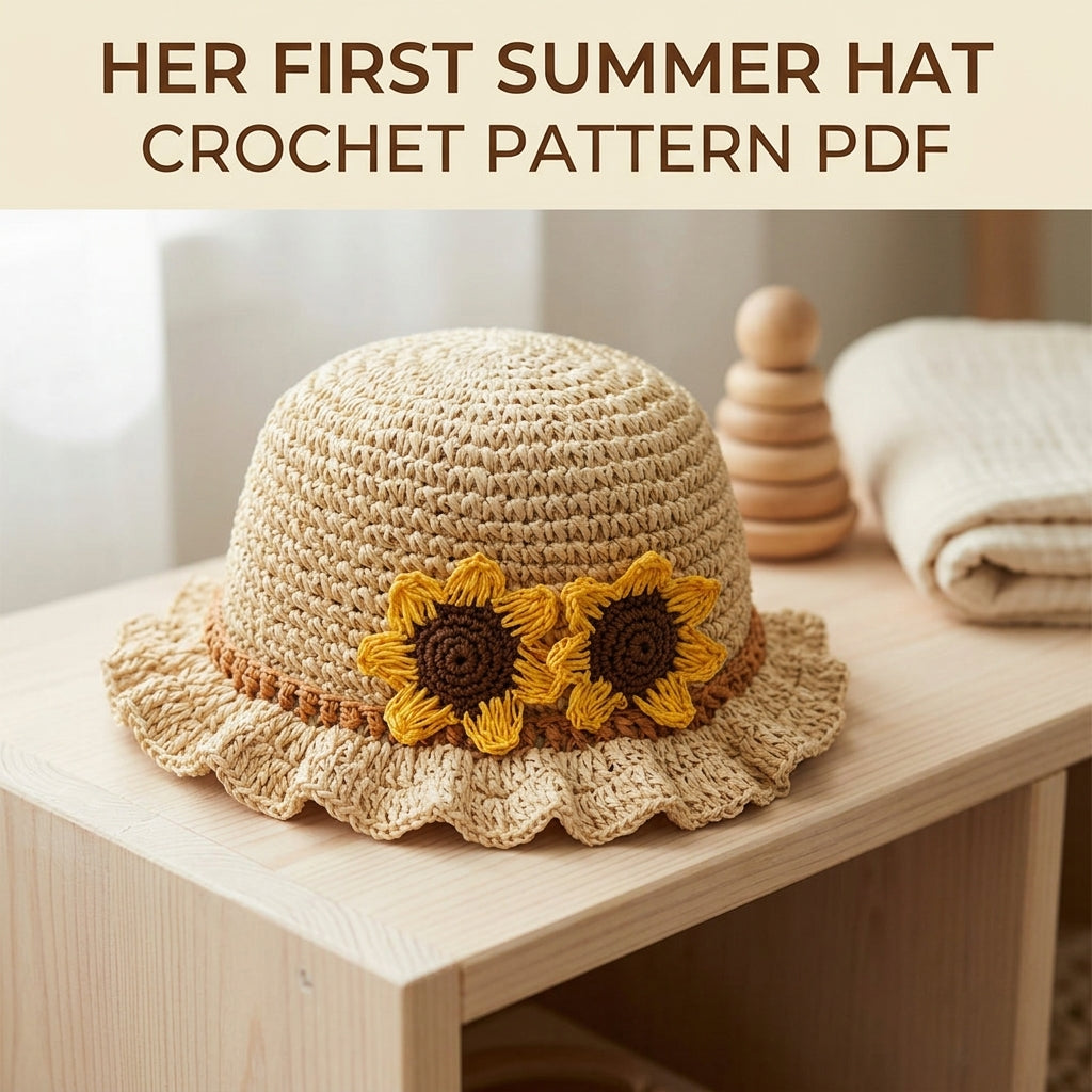 Sunflower Ruffle Sun Hat Crochet Pattern PDF – Kids Raffia Summer Hat with Flowers