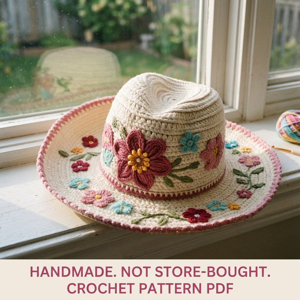 Embroidered Flower Sun Hat Crochet Pattern PDF – Wide Brim Hat with Embroidered Flowers