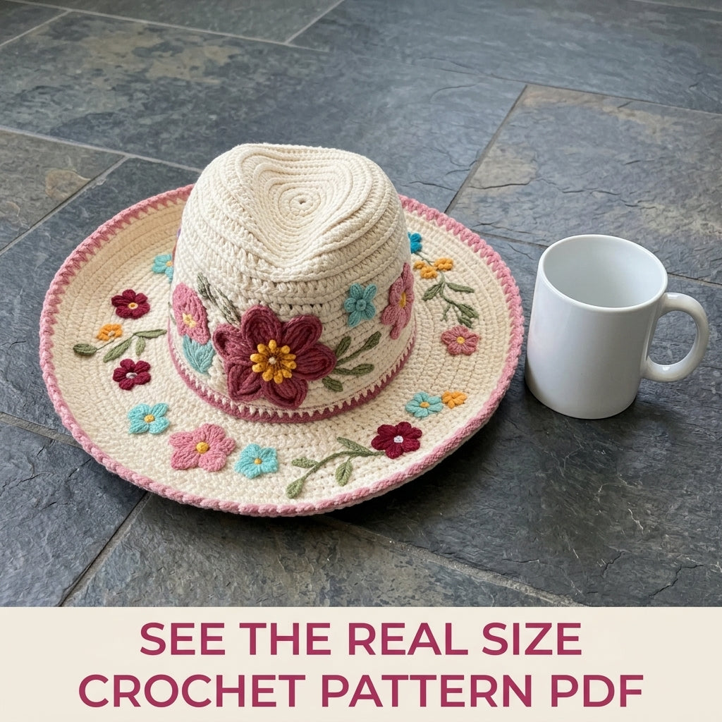 Embroidered Flower Sun Hat Crochet Pattern PDF – Wide Brim Hat with Embroidered Flowers