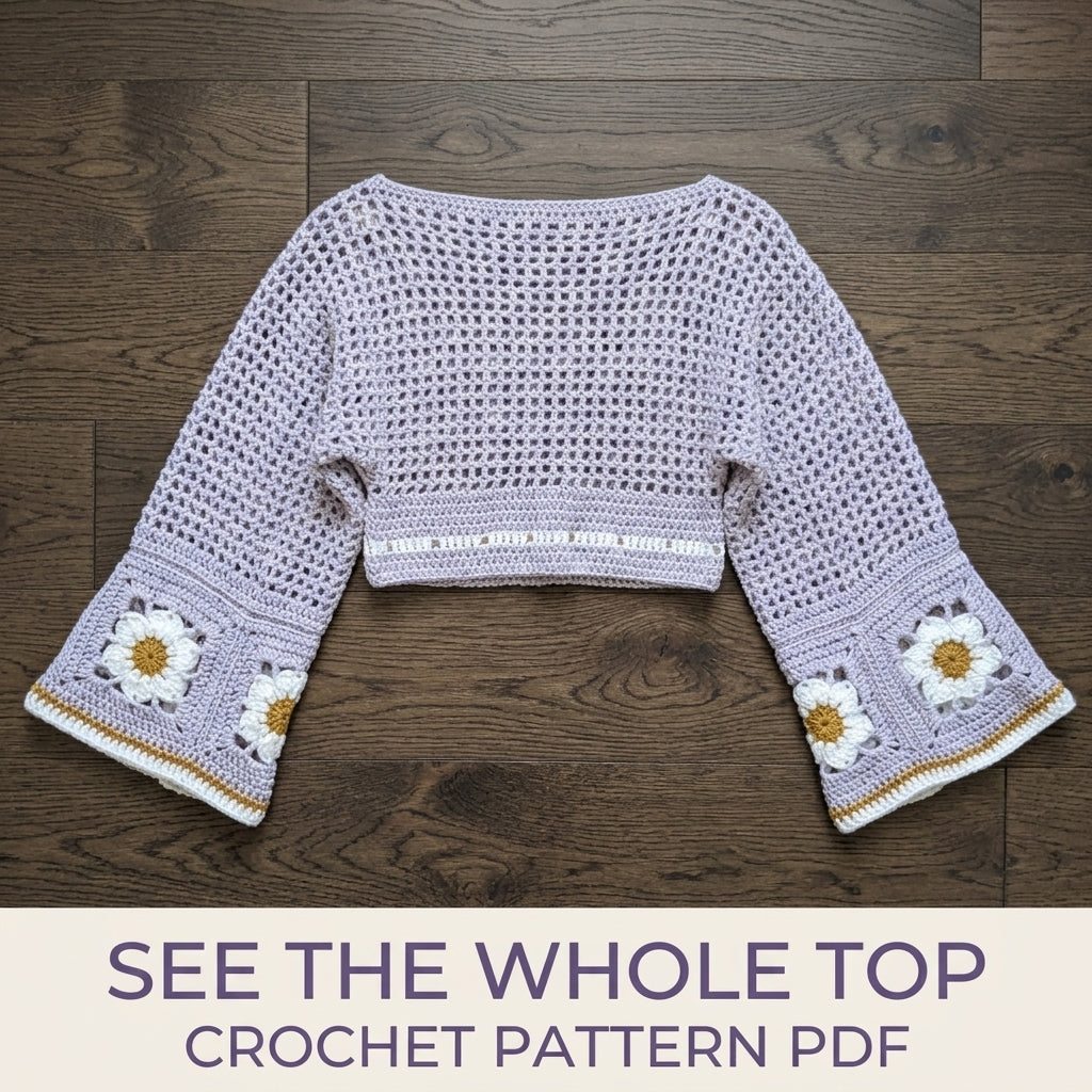 Bell Sleeve Top Crochet Pattern PDF – Lilac Mesh Crop Top with Daisy Squares