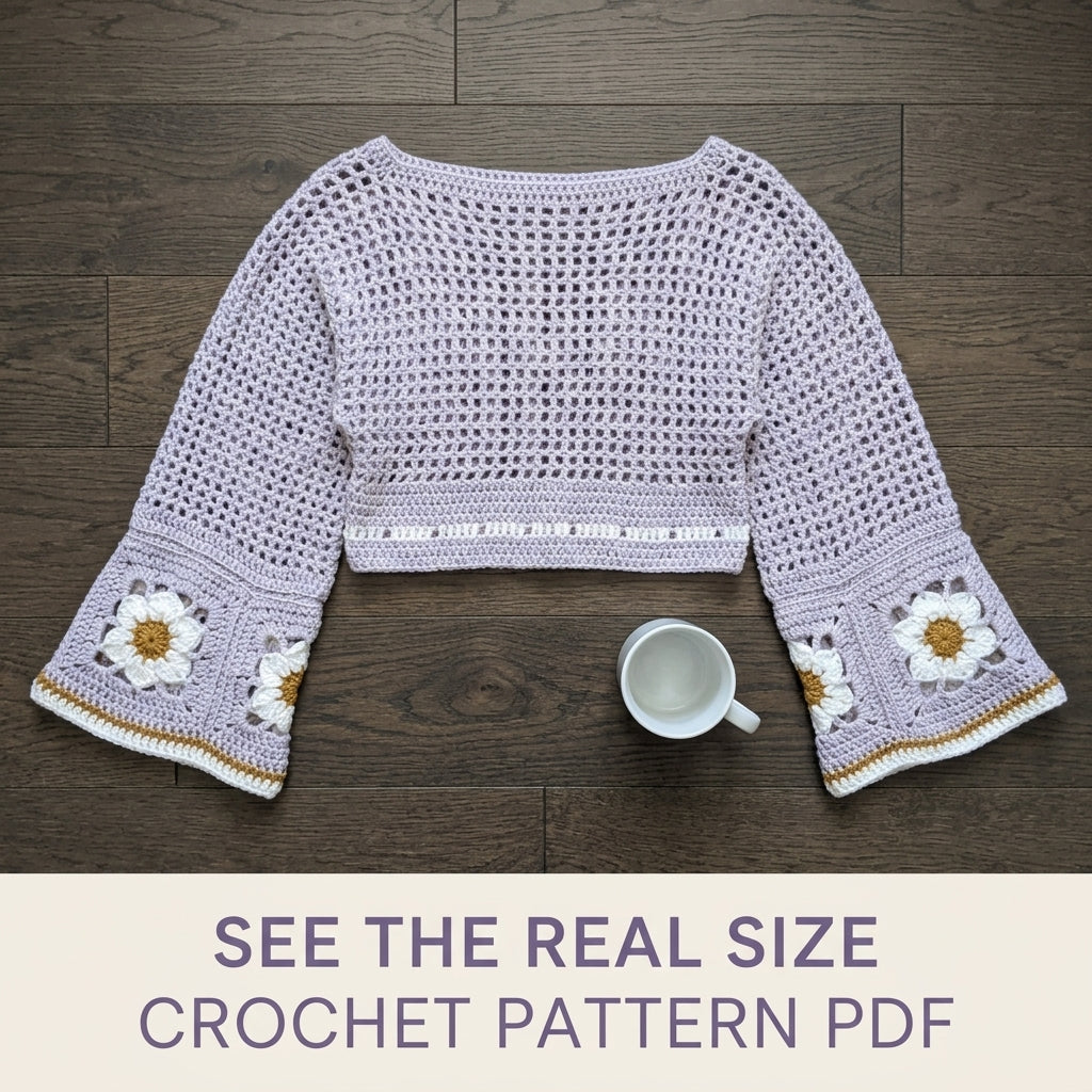 Bell Sleeve Top Crochet Pattern PDF – Lilac Mesh Crop Top with Daisy Squares