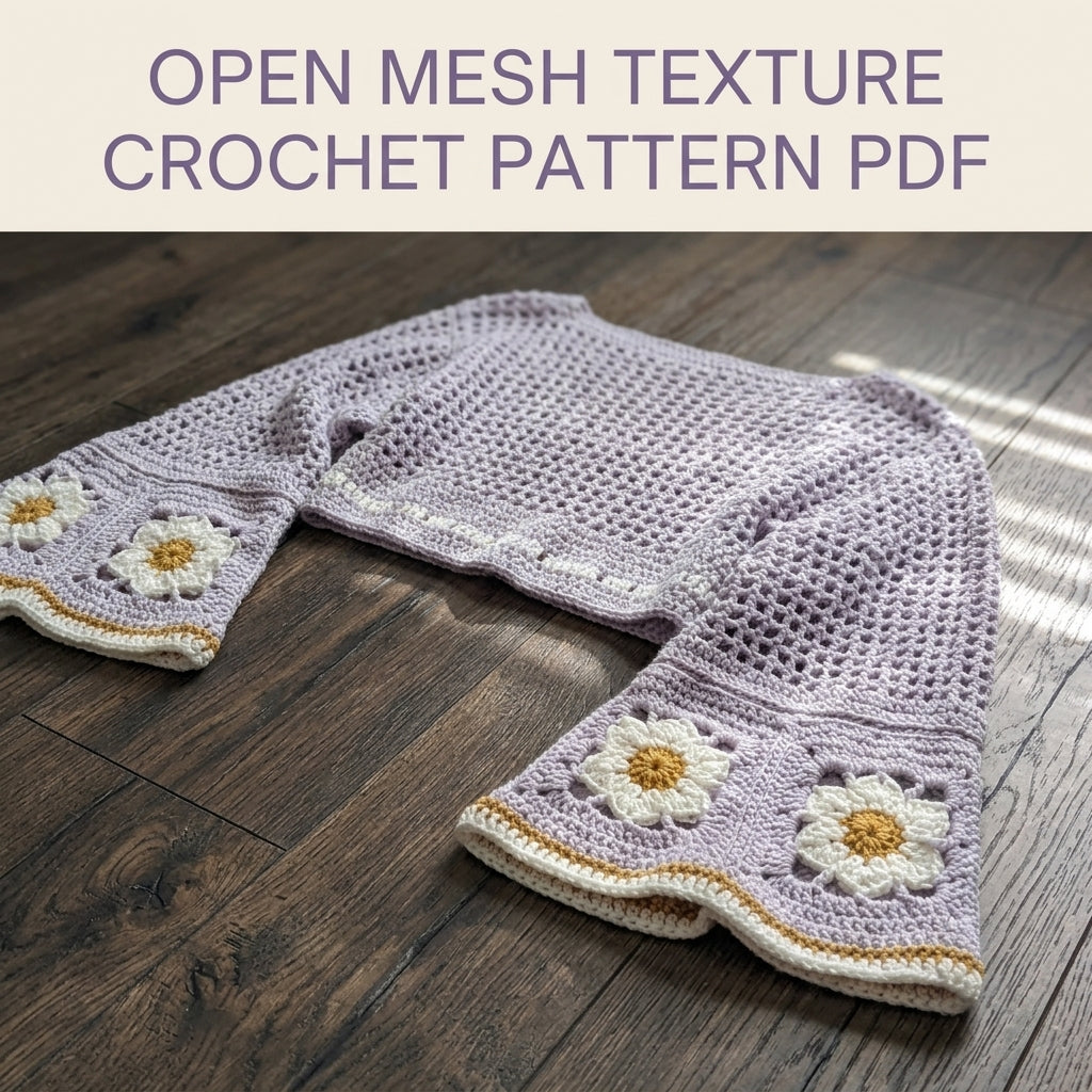 Bell Sleeve Top Crochet Pattern PDF – Lilac Mesh Crop Top with Daisy Squares