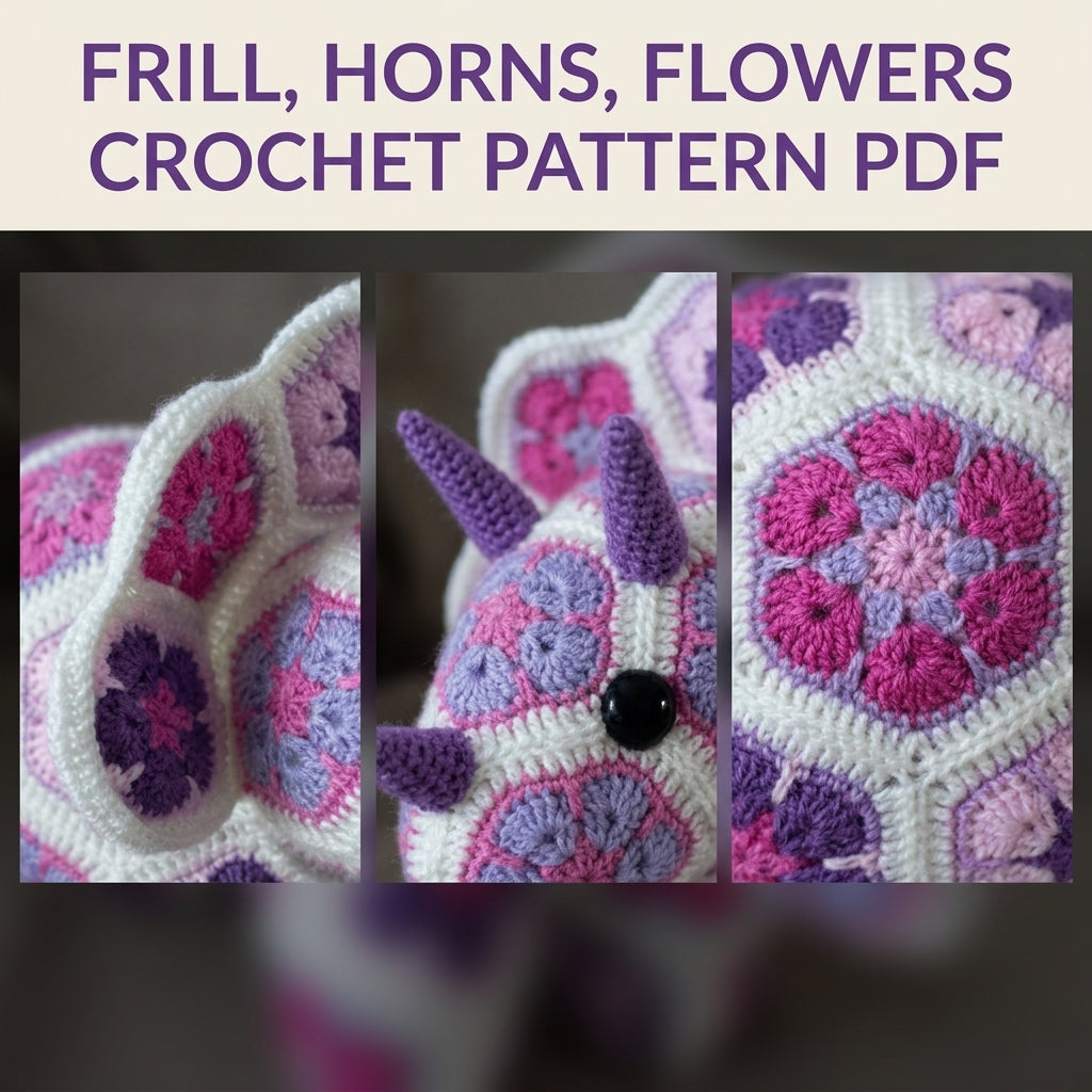 African Flower Triceratops Crochet Pattern PDF – Hexagon Amigurumi Dinosaur